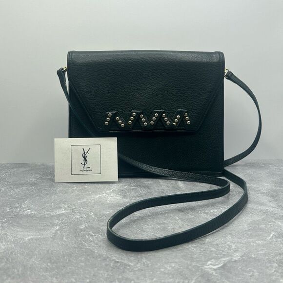 24 Yves Saint Laurent Dark Green Leather 2 Way Crossbody Bag Removable Strap